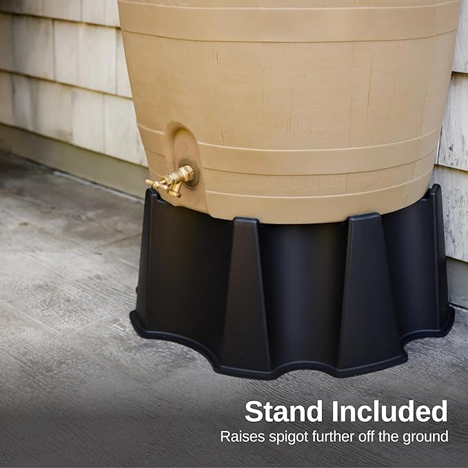 RTS Home Accents 50-Gallon Rain Barrel, Flat Back Rain Water Collection Barrel, Stand Included, Oak Color
