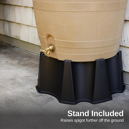 RTS Home Accents 50-Gallon Rain Barrel, Flat Back Rain Water Collection Barrel, Stand Included, Oak Color