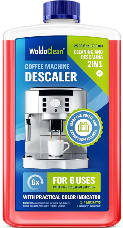 WoldoClean Descaling Solution for Coffee & Espresso Machines 25.6 Fl Oz - compatible with Keurig, Nespresso, Breville, Ninja, Nespresso, Delonghi, Reusable Formula with Color Indicator