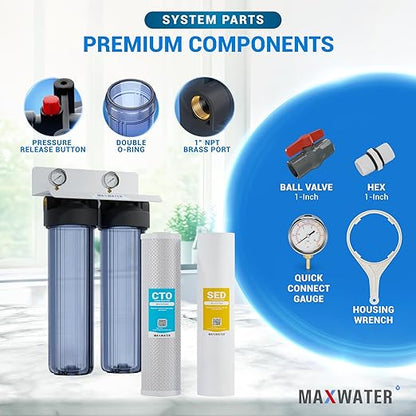 2-Stage Whole House Water Filtration System 20” x 4.5” Clear Housings with Sediment & Carbon Block Filters w/Valve, Pressure monetering gauges, removes Sediment, Chlorine, pesticides, herbicides