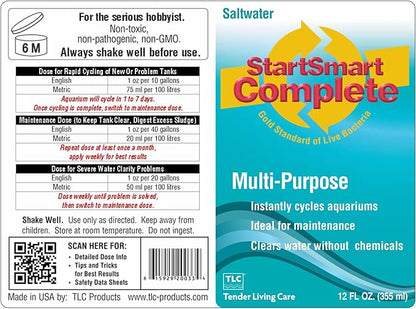 TLC Products StartSmart Complete Saltwater Aquarium Cycle Starter & Beneficial Nitrifiers, Supports Clear Water & Biofiltration, Reduces Excess Sludge, 12 oz (354 ml)