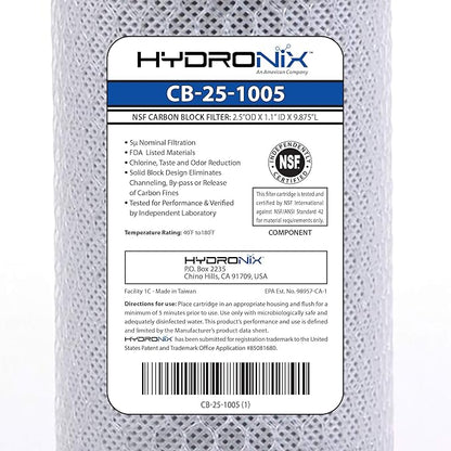 Hydronix HX-CB-25-1005/3 Whole House RO & Drinking Systems NSF Coconut Carbon Block Water Filter 2.5 x 10-5 Micron, 3 Count (Pack of 1), White
