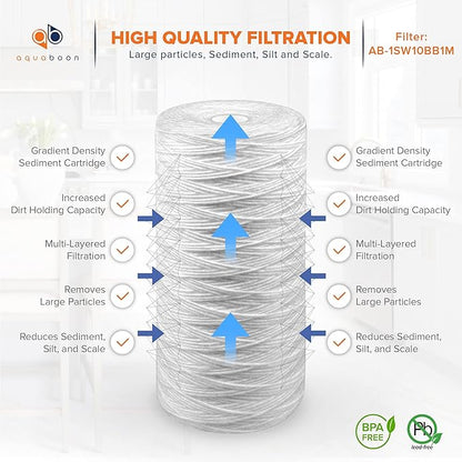 Aquaboon 1 Micron String Wound Water Filter 10x4.5 Replacement - Whole House Water Filter Cartridge Compatible with WP5BB97P,WP10BB97P, AP810, 2-Pack