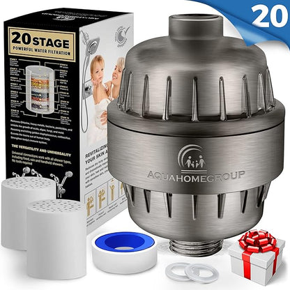 AquaHomeGroup 20 Stage Shower Filter with Vitamin C E and A - Reduces Chlorine, Heavy Metals and Sediment - 2 Cartridges Included - Consistent Flow - Brushed Nickel