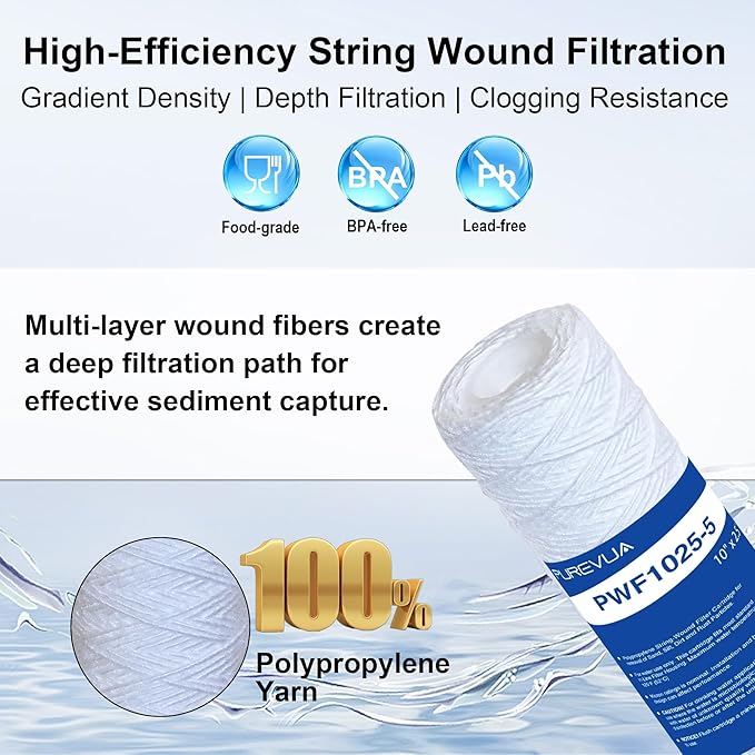 5 Micron 10"x2.5" String Wound Sediment Filter, Whole House Water Filter Cartridge for Well Water, Compatible with CW-F, AO-WH-PRE-R2, WHKF-WHSW, Fits Standard 10" Housings, 6 Pack