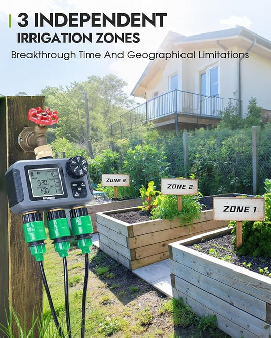 Insoma 3 Outlets Sprinkler Timer, Brass Inlet and Outlet | Automatic Irrigation/Manual Mode Optional | Large LCD + Rain Delay | IPX5 Waterproof, Water Hose Timer for Lawn, Garden, Pool