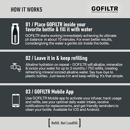 GOFILTR Magnesium Alkaline Water Infuser (2 Pack) 9.5 pH + Electrolytes for Any Water Bottle/Small Pitcher, 750 Refills / 3 Months, 2 Ionized Mineral Water Infusers