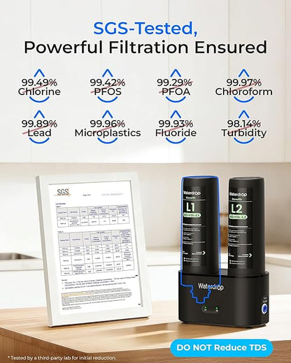 Waterdrop DLG-L Under Sink Water Filter, Reduces Chlorine Lead Chloramine Bad Taste, 2 Stage Under Sink Water Filtration System with Separate Faucet, Life Indicator, Innovative Dual Filtered Flows