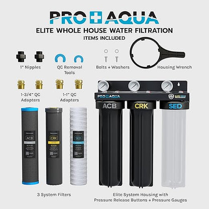 PRO+AQUA Elite Series GEN2 PRO-100-E 3-Stage Whole House Water Filtration System for City & Well Water with Pressure Gauges | Reduces Contaminants, Sediment, Chemicals, Heavy Metals, with 1” Ports