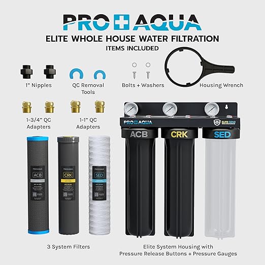 PRO+AQUA Elite Series GEN2 PRO-100-E 3-Stage Whole House Water Filtration System for City & Well Water with Pressure Gauges | Reduces Contaminants, Sediment, Chemicals, Heavy Metals, with 1” Ports