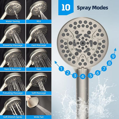 Hibbent All Metal CUPC Certified Shower Head, 10'' High Pressure Rainfall Shower Head, Handheld Showerhead Combo, 12'' Adjustable Extension Arm, 10 Sprays, 71'' Hose, Showerhead Holder, Brushed Nickel