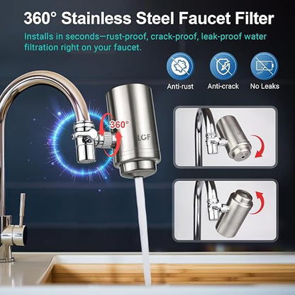 LCF 360° Rotating Stainless-Steel Faucet Water Filter, 320-Gallon | High Flow, Mineral-Enhanced Tap Water Filter, Reduces Chlorine, Heavy Metals and Bad Taste, Easy Install, Kitchen Sink Ideal