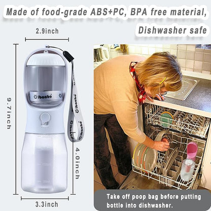 Cibaabo Dog Water Bottle with Food Container & Poop Bag Holder & Filter | Travel Water Bowl, Portable Pet Dispenser, Dog Gifts, Puppy Essentials for Walking Hiking