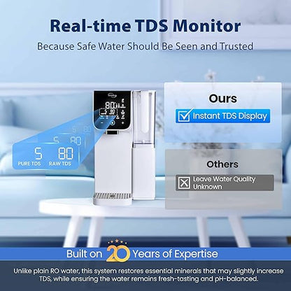 iSpring RCD100HCW Alkaline Hot & Cold Countertop Reverse Osmosis System, White, Remineralization RO Water Filter Dispenser, 9 Temperature & 6 Dispensing Volume Options, TDS & Filter Life Monitor