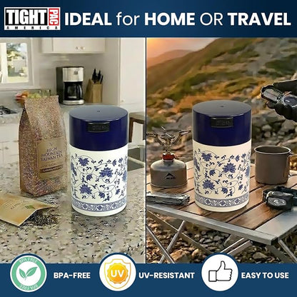 Tightpac Teavac 6-Ounce Vacuum Sealed Tea Storage Container, Blue Cap and White Body/Floral Design