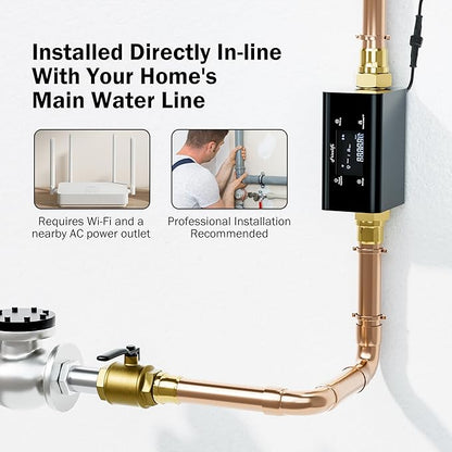Frizzlife LP365 Smart Water Monitor and Automatic Shutoff - 0.01GPM Ultrasonic Micro Leak Detection, APP Wi-Fi Remote Control, Real-Time Flow/Temp Monitoring, 24/7 Water Usage Reports, 1.25" and 1"