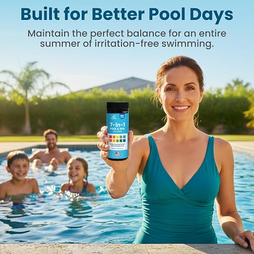 Pool & Spa Test Strips 7-in-1, 100 Strips for Pools, Hot Tubs & Saltwater Spas – Accurately Tests pH, Free & Total Chlorine, Bromine, Alkalinity, Hardness & Cyanuric Acid – Easy, 30-Second Results