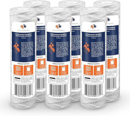 Aquaboon Whole House 5 Micron 10 x 2.5 String Wound Sediment Water Filter Cartridge Replacement Compatible with Well Water Filter WHKF-WHSW, 6-Pack