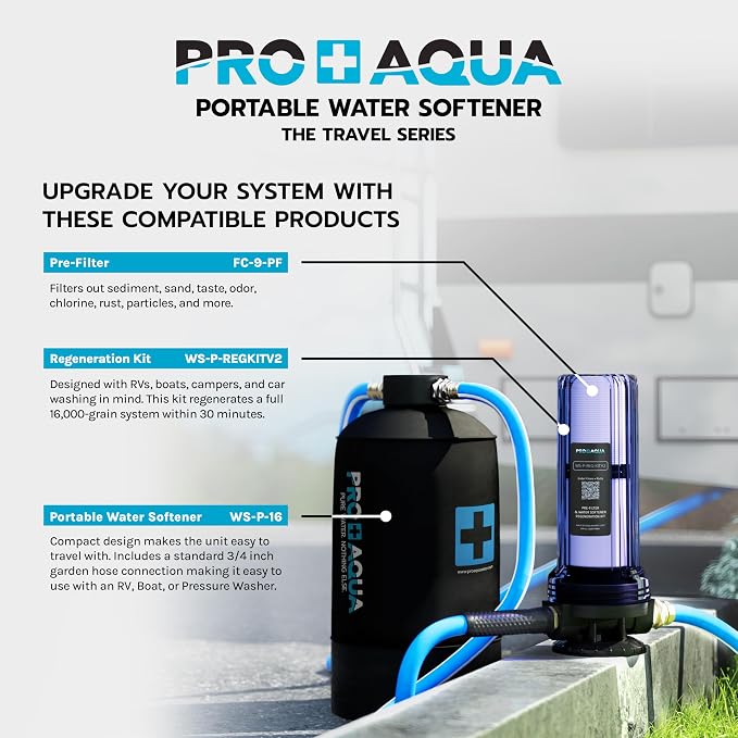 PRO+Aqua Portable RV Water Softener Filter and Soften Hard Water for RV Trailers Vans 16,000-Grains and Filtration System Bundle WS-P-16-BNDL