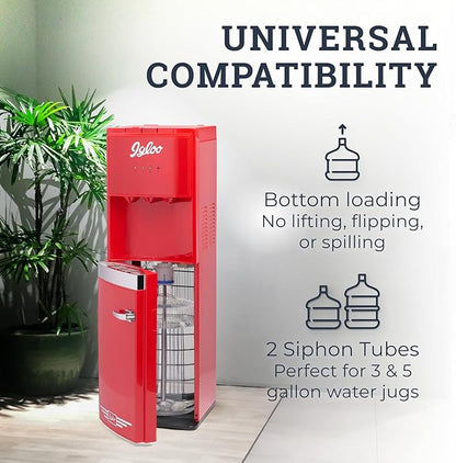 Igloo Retro Bottom Water Dispenser– Water Cooler Dispenser with Hot, Cold & Room Temperature Settings- Electric Water Dispenser Fits 3 & 5 Gallon Jugs with Child Safety Lock for Home & Office Use– Red