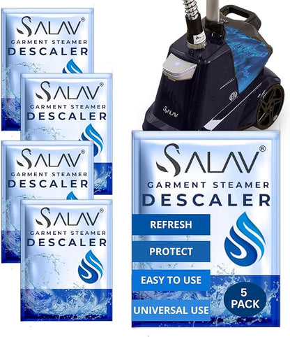 SALAV Garment Steamer Descaling Solution Decalcifier Packets for Mineral Deposits and Build-up Removal, Maintenance for Clothes, Works with all Garment Steamer Brands, Cleans Build Up, 5 packs