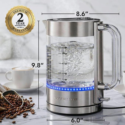 OVENTE Electric Kettle, 1.7L Double Wall Glass Tea Kettle with Stainless Steel Base, Acrylic Handle, 1500W Cordless Fast Boil Borosilicate Water Boiler, Easy Fill Lid & Auto Shut-Off, Silver KG912S