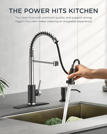 FORIOUS Kitchen Faucet with Pull Down Sprayer, Stainless Steel Commercial Single Handle Classic Spring Pull Out Sink Faucet for Pot Filler, Farmhouse Camper Bar Laundry Room, Black Chrome