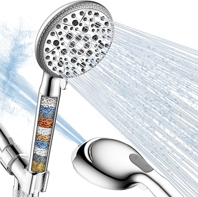 FEELSO Filtered Shower Head with Handheld, 9 Spray High Pressure Hand Held Showerhead with Filters, Water Softener Shower Heads for Hard Water with Leakproof Hose - Remove Chlorine -Power Wash for Pet