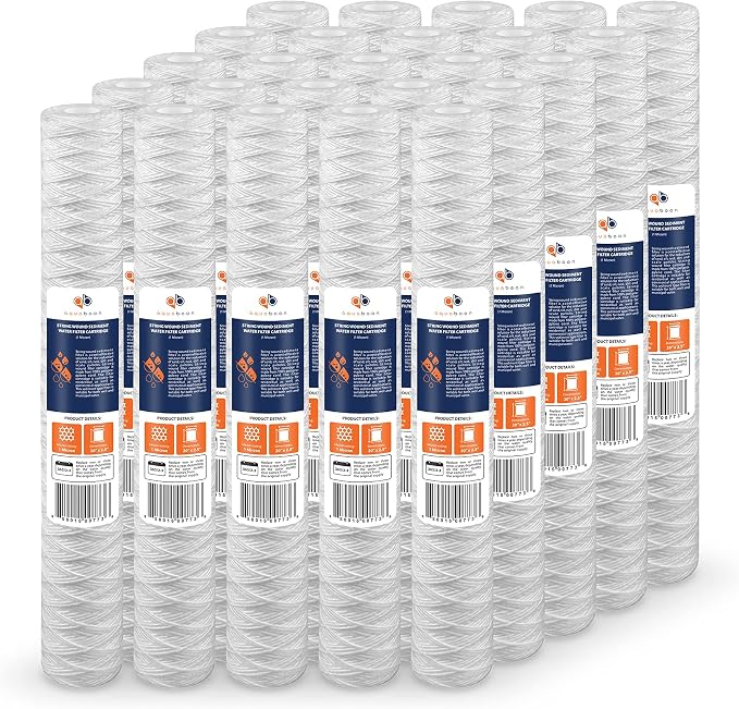 Aquaboon 1 Micron 20" x 2.5" String Wound Water Filter Cartridge - Whole House Water Filter Replacement for Well Water Matches SWC-25-2005, 25-Pack