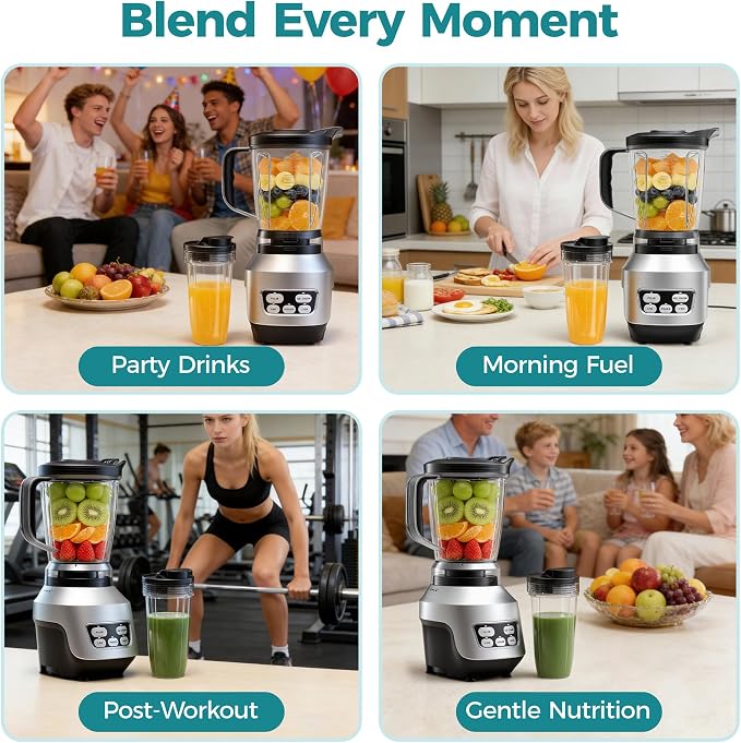 NEWBULIG Smoothie Blender for Kitchen with 6 Blades, Personal Blender for Smoothies with 24 34 60 oz BPA-Free Cups, Large Capacity, Portable and Easy Clean, for Ice Crush, Shakes, Sauces, Silver