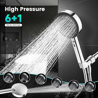 PWERAN Filtered Shower Head with Handheld, High Pressure 4 Spray Mode Showerhead with Filters, Water Softener Beads for Hard Water with ON/OFF Switch for Pets (Chromium Silver, 5 Inch Panel)