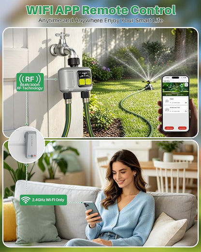 WiFi Water Timer 2 Outlet for Garden Hose, Smart Sprinkler Controller with 984ft RF Range, Smart Lawn Watering System Irrigation Timer, APP/Voice Control, Rain Delay, Manual Irrigation