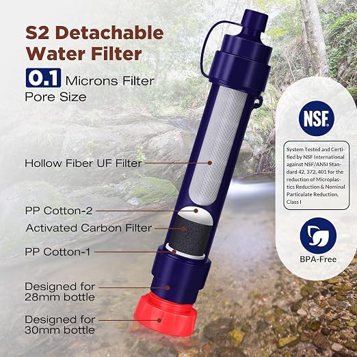 Membrane Solutions S2 Detachable Water Filter Straw, 4-Pack | NSF/ANSI 42, 372 & 401 certified; 0.1-micron 4-stage replaceable filter, 1,320-gal life for for camping & emergency prep