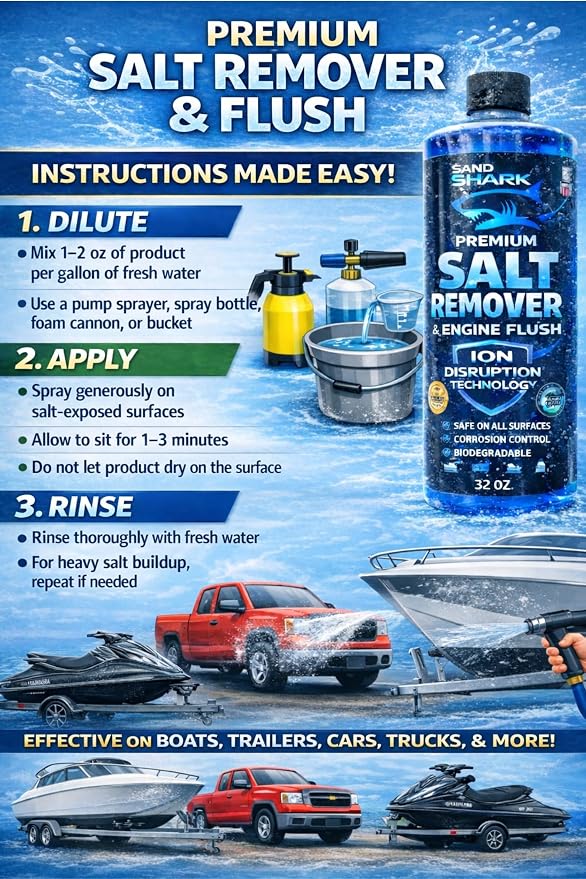 SandShark Premium 2-in-1 Salt Remover & Engine Flush Boat Cleaner – pH-Balanced Formula for Exterior Washing & Engine Flushing, Multi-Surface Marine & Powersports Cleaner, 32 oz