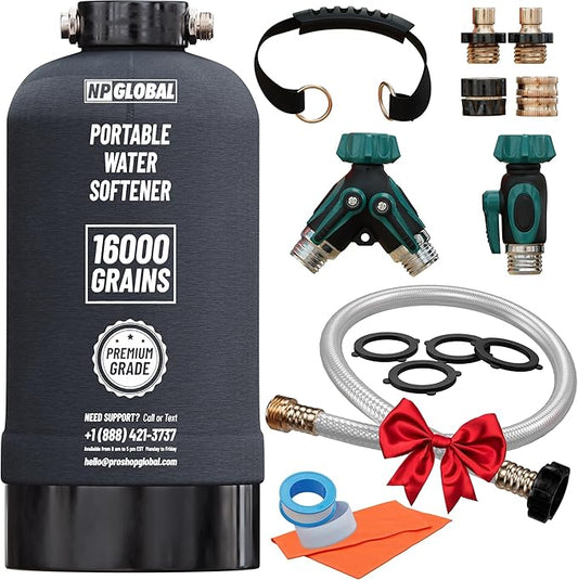 RV Water Softener Portable - 16,000 Grain, 3/4" GHT Fittings, Convenient Water Softener for RVs, Trailers, Boats, Mobile Car Washing, Pressure Washing