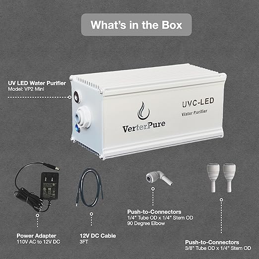 VP2 Mini UV-C LED Ultraviolet Water Filter Purifier, Reduce up to 99.99% of Contaminants at Flow Rate 0.52GPM, Smart On/Off Switch, 12V DC for RV Boats Off-Grid Livings, Mercury Free