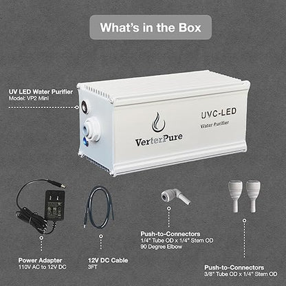 VP2 Mini UV-C LED Ultraviolet Water Filter Purifier, Reduce up to 99.99% of Contaminants at Flow Rate 0.52GPM, Smart On/Off Switch, 12V DC for RV Boats Off-Grid Livings, Mercury Free