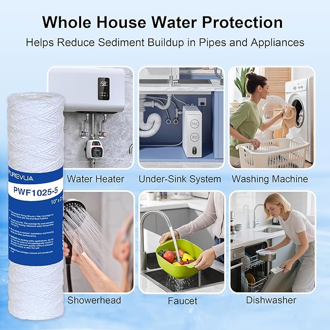 5 Micron 10"x2.5" String Wound Sediment Filter, Whole House Water Filter Cartridge for Well Water, Compatible with CW-F, AO-WH-PRE-R2, WHKF-WHSW, Fits Standard 10" Housings, 6 Pack