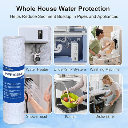 5 Micron 10"x2.5" String Wound Sediment Filter, Whole House Water Filter Cartridge for Well Water, Compatible with CW-F, AO-WH-PRE-R2, WHKF-WHSW, Fits Standard 10" Housings, 6 Pack