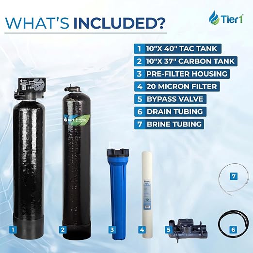 Tier1 32,000 Grain Water Softener & Chlorine Reduction Filter | Whole House 3-in-1 with Carbon Reduction & Sediment Pre-Filter | Ideal for 1–2 Bathroom Homes | Metered Valve Control