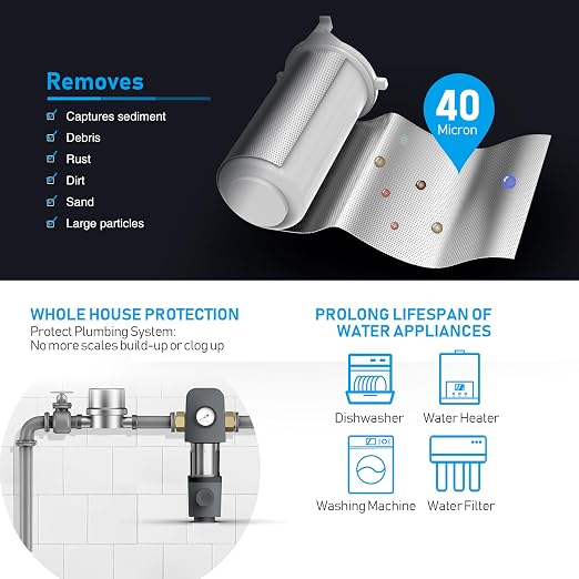 Frizzlife 40/100 Micron Spin Down Sediment Water Filter with Built-in Scraper & Pressure Display, Reusable Whole House Pre-Filter for City/Well Water, Washing Machine, Flushable, BPA Free, 1"&3/4" NPT