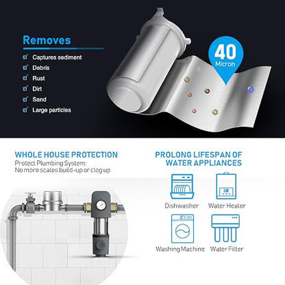 Frizzlife 40/100 Micron Spin Down Sediment Water Filter with Built-in Scraper & Pressure Display, Reusable Whole House Pre-Filter for City/Well Water, Washing Machine, Flushable, BPA Free, 1"&3/4" NPT