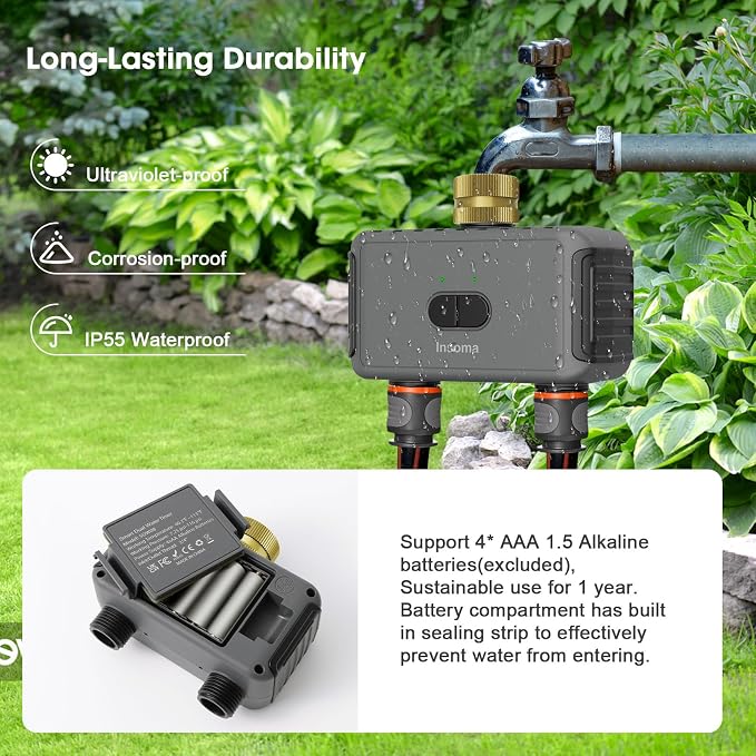 Smart Hose Timer for Garden with Brass Inlet, Water Timer with WiFi Hub, APP & Voice Control, Up to 20 Watering Plans, 2-Zone Sprinkler Drip Irrigation System Controller for Yard Lawn Watering