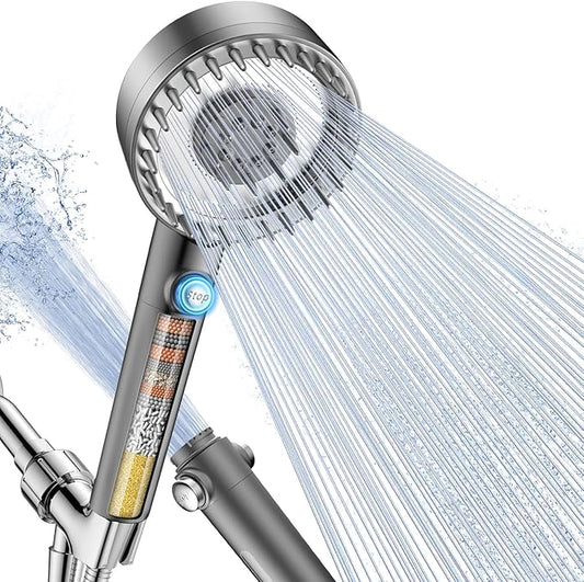 Ion Drops Filtered Shower Head with Handheld, High Pressure 4 Spray Mode Showerhead with Filters for Hard Water Softener, Handheld Shower Heads Filter with ON/OFF Switch for Pets (Gray)