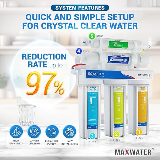 Max Water 100 GPD Reverse Osmosis Water Filtration System - 5 Stage RO System with NSF Certified Tank, Faucet and 4 Extra Filters - Under-Sink/Wall Mount System - Model : RO-5W2