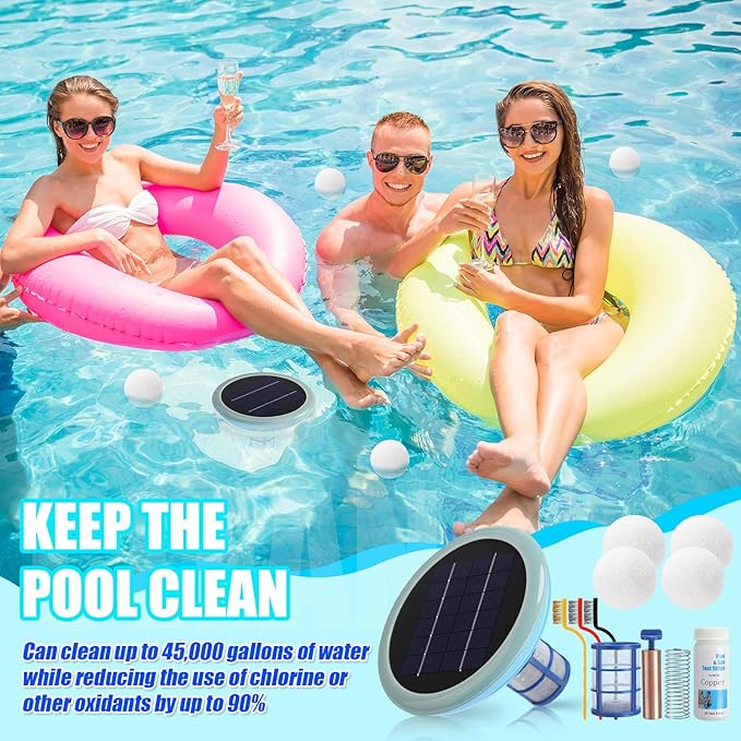 Solar Pool Ionizer Cleaner Self-Luminous Automatic Floating Water Purifier Copper Pool Ionizer with 4 Pcs Scum Eliminating Ball, up to 45, 000 Gallons for Above Ground In-ground Pools Spas