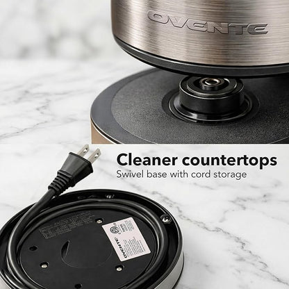 OVENTE Electric Kettle, 1.7L Double Wall Glass Tea Kettle with Stainless Steel Base, Acrylic Handle, 1500W Cordless Fast Boil Borosilicate Water Boiler, Easy Fill Lid & Auto Shut-Off, Silver KG912S