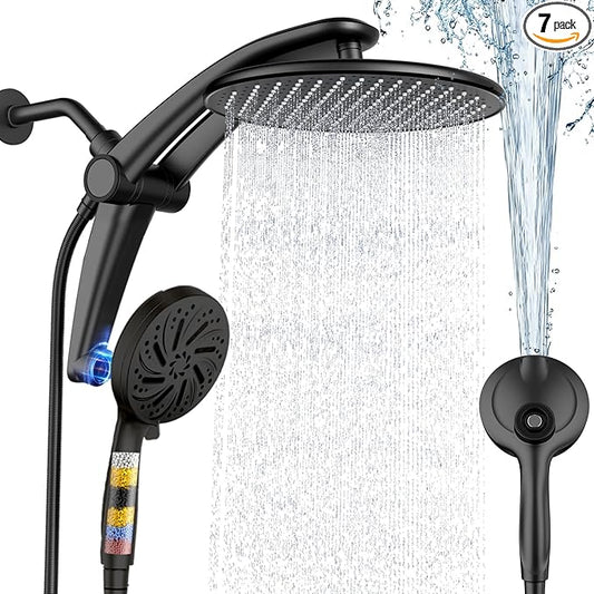 Shower Head with filtered Handheld High Pressure daul Shower Heads with Handheld Spray Combo and 10 Sprays Handheld Shower Head Detachable Shower head Built-in Magnetic Docking and Power Jets Black