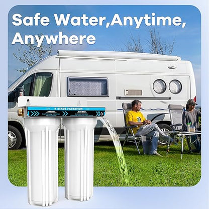 RV Dual Water Filter System, 4-Layer 2 Stage RV Water Filtration System, Removes Sediments,Chlorine,Heavy Metals, Odors, Water Filter for RV, Campers, 3/4'' Lead-Free Hose Quick Connectors