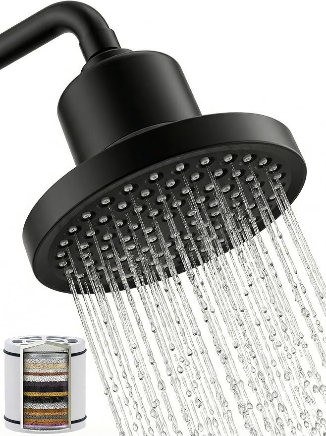 Black Fixed Shower Head and 25 Stage Shower Filter Combo, High Pressure 7 Spray Settings Filtered Showerhead with Water Softener Filter Cartridge for Hard Water